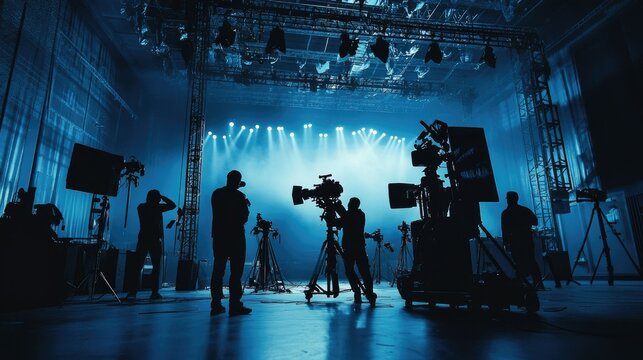 Silhouetted crew adjusting lighting rigs and cameras in a massive film production studio filled with professional-grade equipment.