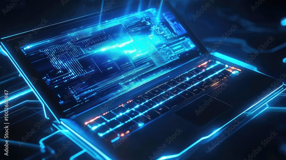 Poster smart laptop displaying advanced digital technology with a futuristic interface, surrounded by glowi