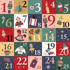 Nutcracker christmas advent calendar design. Colorful  illustration, background for calendar, wall decor, card, banner etc.