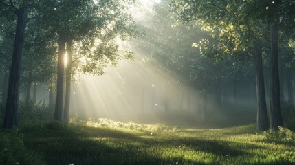 Obraz premium A serene forest at dawn, shrouded in light mist