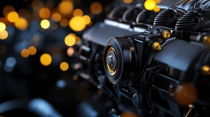 Fototapeta premium Close-up of a sleek engine detail with blurred lights in the background.