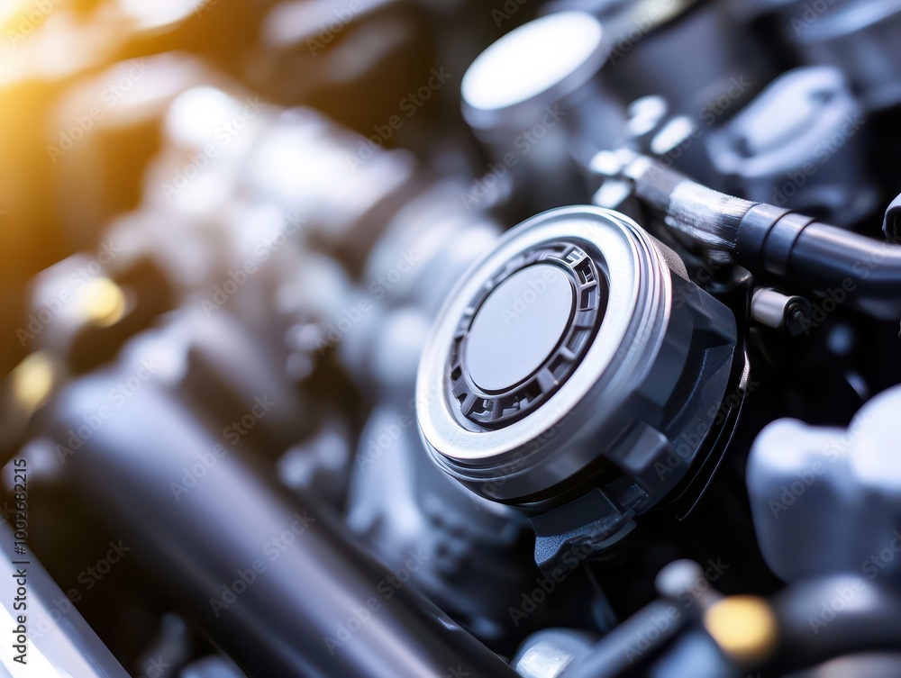 Poster close-up of engine components with intricate details and metal textures.