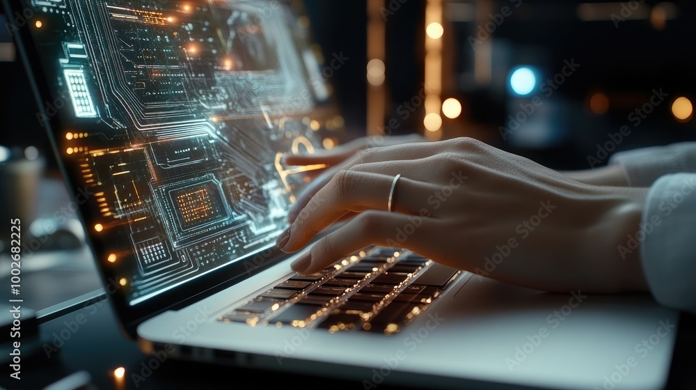 Aufkleber software engineer's hand typing on a laptop, with circuit board visuals projected on the screen and 