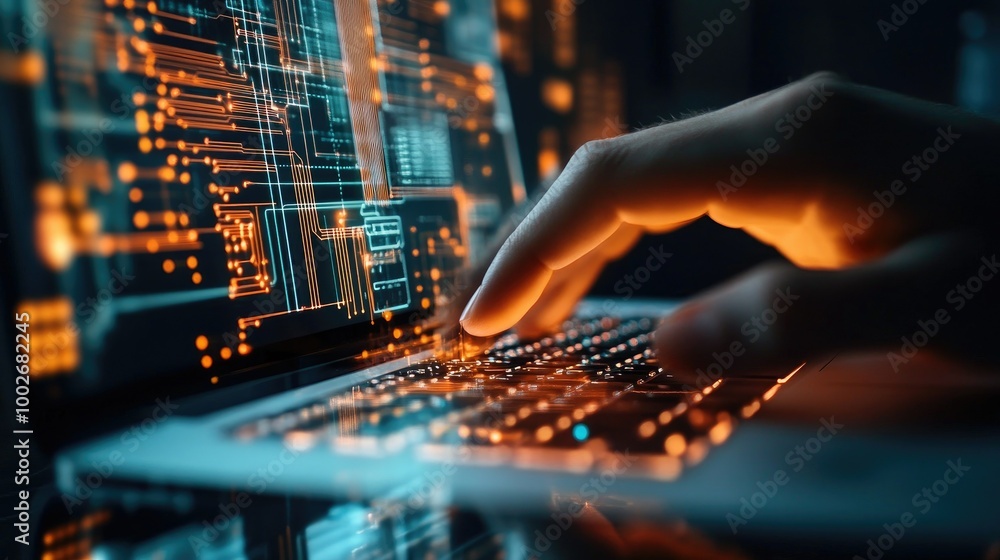 Poster software engineer's hand resting on a laptop keyboard, with a digital circuit board design reflected
