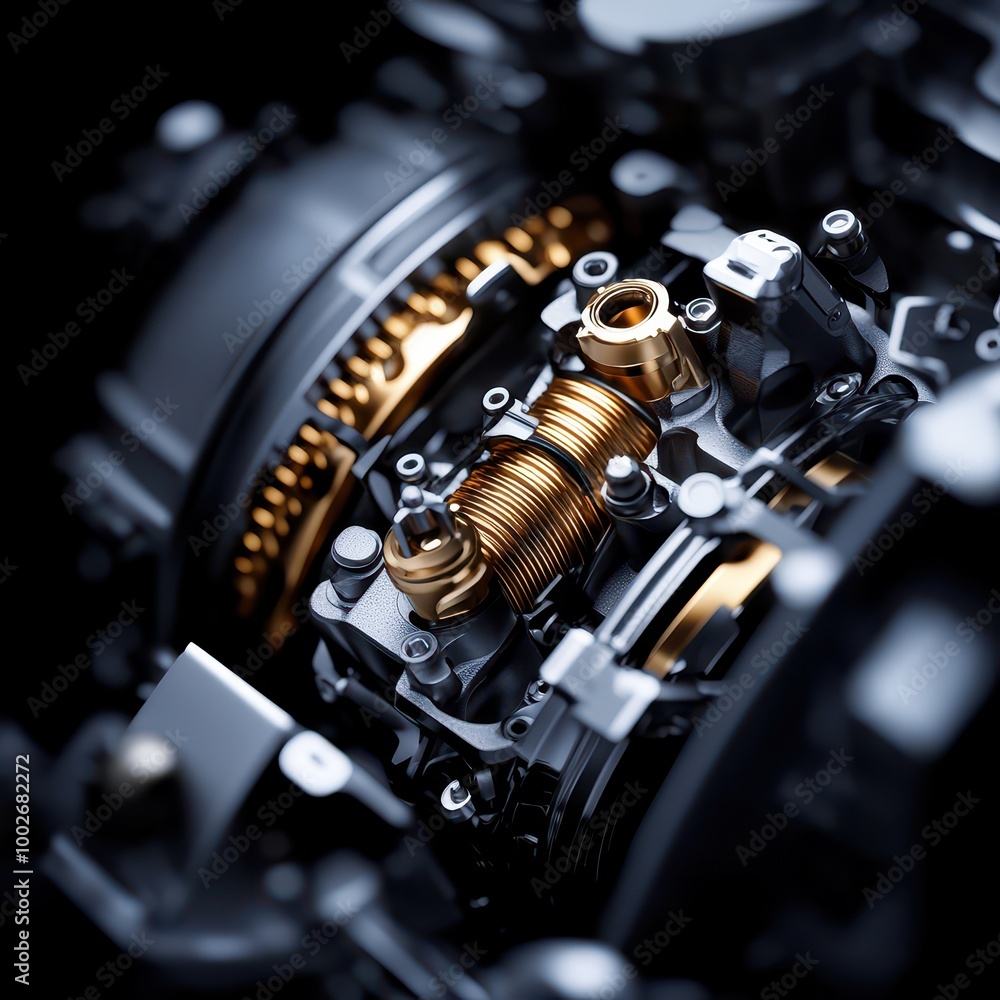 Poster close-up of intricate mechanical engine components on black background.