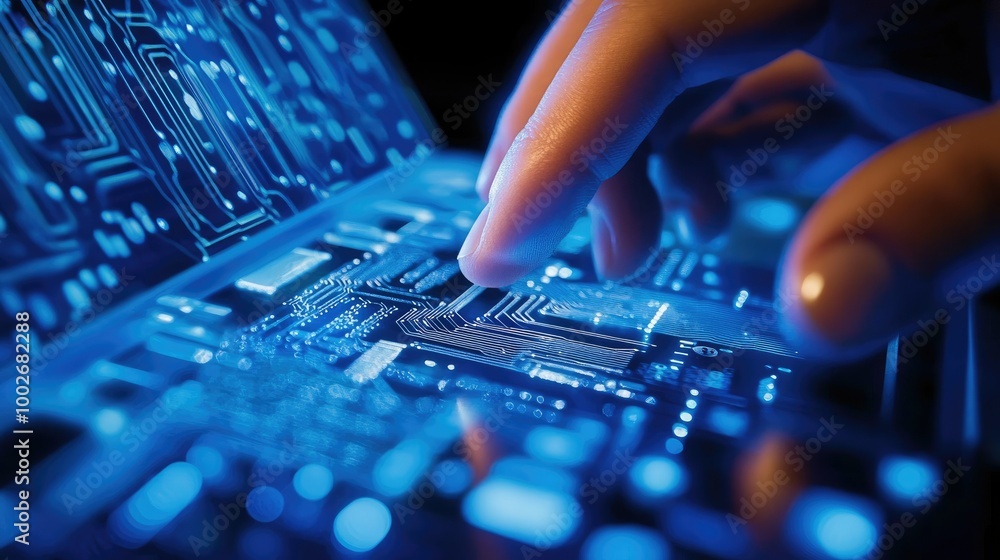 Poster software enginee hand working on a laptop with digital circuit board graphics superimposed in the ba