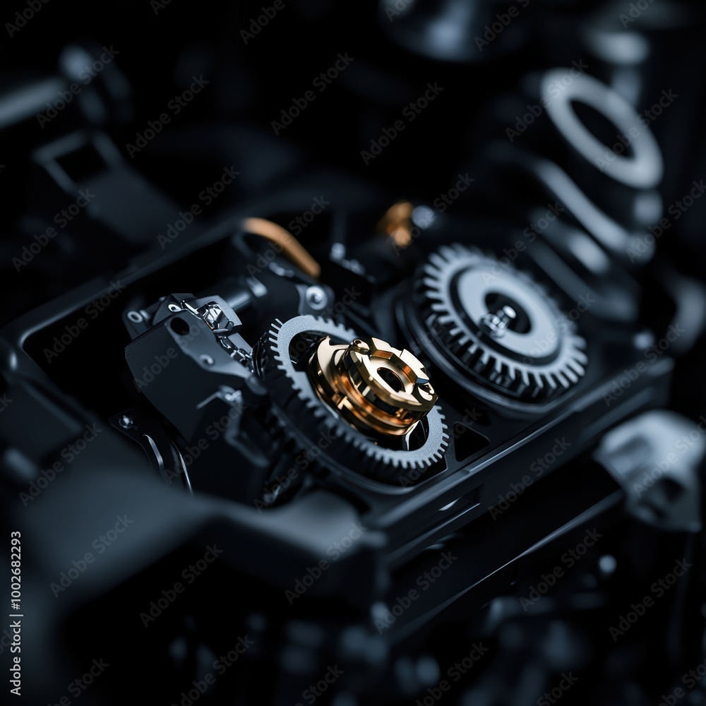 Poster close-up of intricate mechanical gears with a golden component.