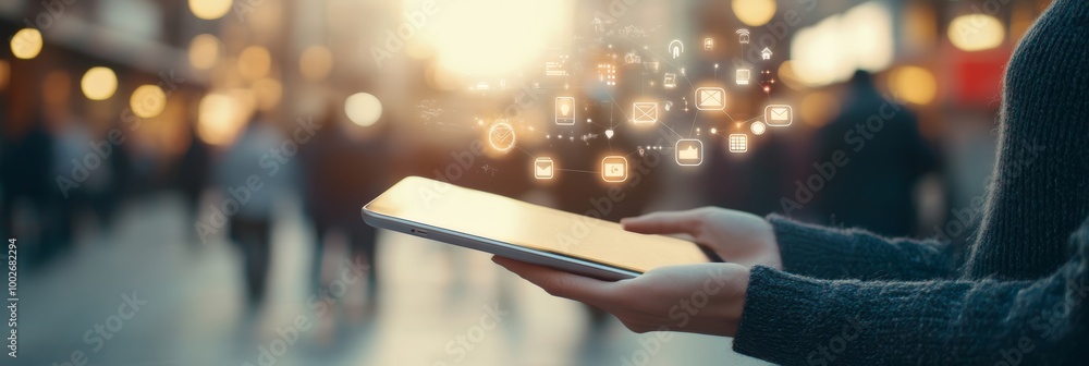 Poster Tablet in hand with glowing social icons in a public setting. Engaging with digital apps and notifications.