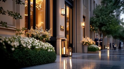 Luxury hotel entrance with ornate details and lush greenery.