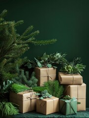 Creative arrangement of gift boxes with an eco-friendly theme, wrapped in kraft paper and decorated with plants, all set against a deep green backdrop that enhances the natural vibe, Rear view