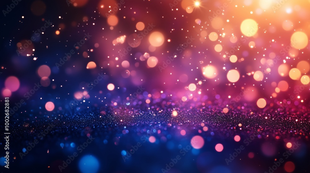 Poster blurred background with colorful bokeh lights and sparkling sparkles on a blue purple gradient backg