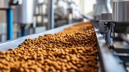 Fototapeta premium A factory production line of dry pet food, showing pelleted animal feed for dogs and cats being processed and packaged.