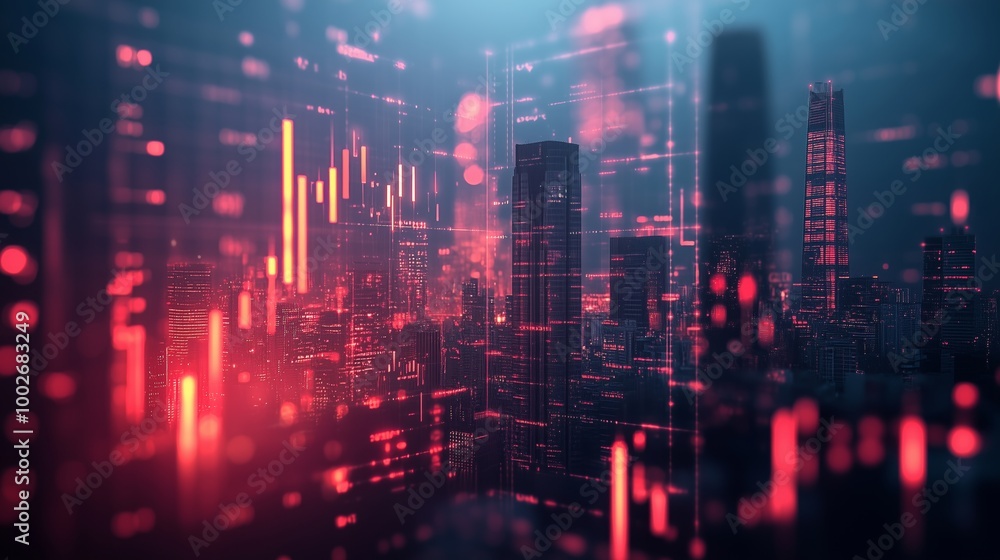 Poster digital background featuring colorful bar graph and line chart, glowing light effects on a dark back