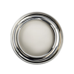 open paint can filled with metallic silver paint isolated background