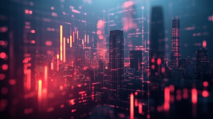 Digital background featuring colorful bar graph and line chart, glowing light effects on a dark backdrop, financial graphs with neon accents