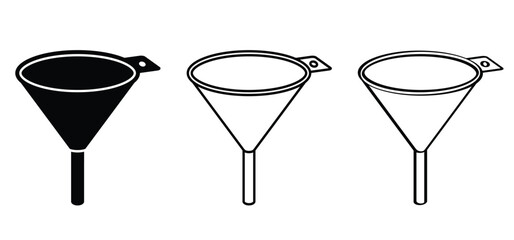 Cartoon metal or plastic funnel. Funnels for household and kitchen. Funnel for filling bottles. Kitchen cooking tools. For filling food, oil, water, fuel, gasoline or diesel. funnels with handle. 