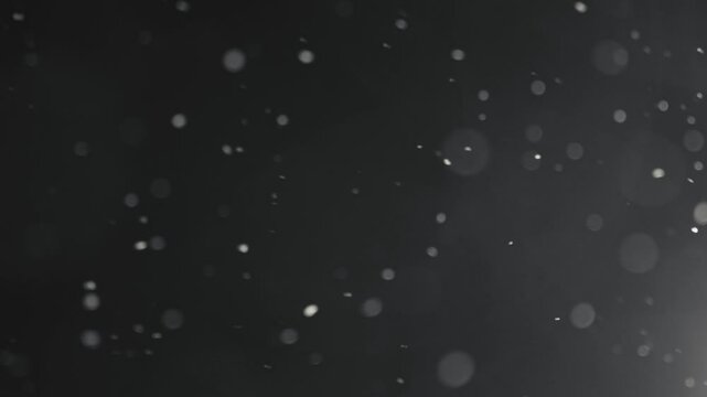 Snowflakes falling through night sky, illuminated against dark background. Winter snowfall