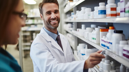 pharmacist in pharmacy, a smiling male pharmacy technician.