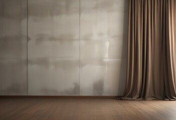 A large empty room with a concrete wall, wooden floor, and a pair of brown curtains covering a window.