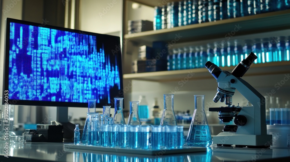 Poster laboratory setup with microscope and flasks