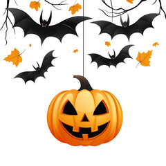 Naklejka premium Halloween party background with scary pumpkin face,bats,hanging isolated on transparent or white background