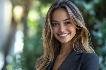 Obraz premium Beautiful smiley confident businesswoman portrait outside, Generative AI
