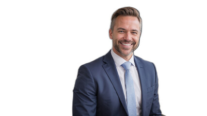 非営利団体のリーダーが透明な背景で笑顔を見せる、成功に満ちた瞬間。生成AI