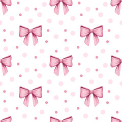 Seamless pattern with pink bows and polka dots background © INVITO ARTE