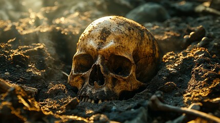 Ancient skull buried in the ground, partially exposed with dirt and bones around