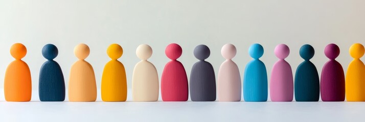 Row of colorful, minimalist wooden figures illustrating diversity, inclusion, and equity. Multiracial concept with abstract representation of equality and belonging.