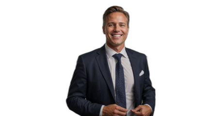 透明な背景に笑顔を浮かべる不動産業界のCEOがオフィスでリーダーシップを示す姿。生成AI