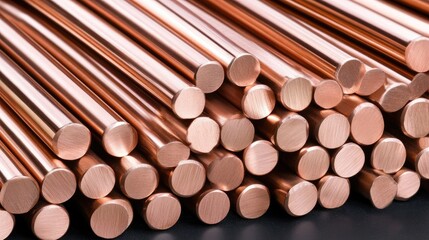 Naklejka premium A meticulously detailed arrangement of copper cylinders and round bars lies against a dark backdrop, highlighting the smooth texture and gleaming finish of the metal