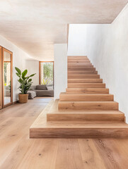Elegant wooden staircase in a modern home interiors with large windows and natural light during the day