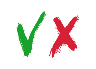 Hand drawn checklist symbols. Green check mark and red cross mark vector icons.