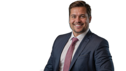 透明な背景に不動産CEOが笑顔を見せる、成功とリーダーシップの瞬間。生成AI