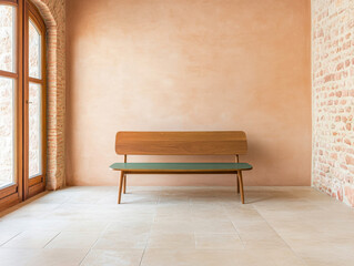 A minimalist wooden bench against a textured peach wall in a bright, airy space with natural light during the day