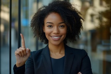 Happy satisfied manager presenting new product or service. Young black business woman standing at outdoor glass wall, pointing fingers at copy space, looking at camera, smiling. Generative AI