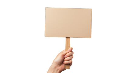 Hand holding wooden stick or blank protest sign isolated on transparent or white background