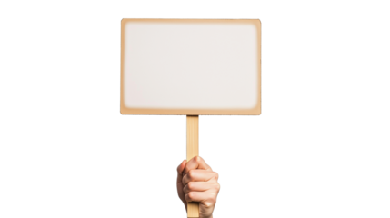 Hand holding wooden stick or blank protest sign isolated on transparent or white background