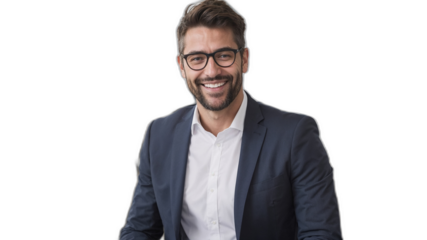 透明な背景にマーケティングCEOが描く、成功の秘訣となる笑顔の瞬間。生成AI