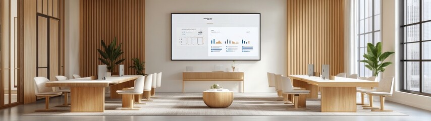 Inviting white office interior with modular desk setups, centered around a mock-up wall displaying a digital dashboard for productivity tracking