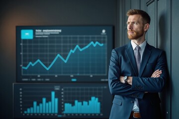 Businessman with Determined Expression Analyzing Financial Charts against Dark Office Background