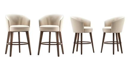Stylish and modern bar stools featuring soft beige fabric upholstery and sturdy wooden legs, perfect for enhancing any contemporary kitchen or dining area