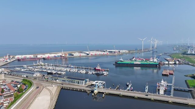 Delfzijl, Groningen Netherlands - October 1st 2024: Aerial view of the harbor