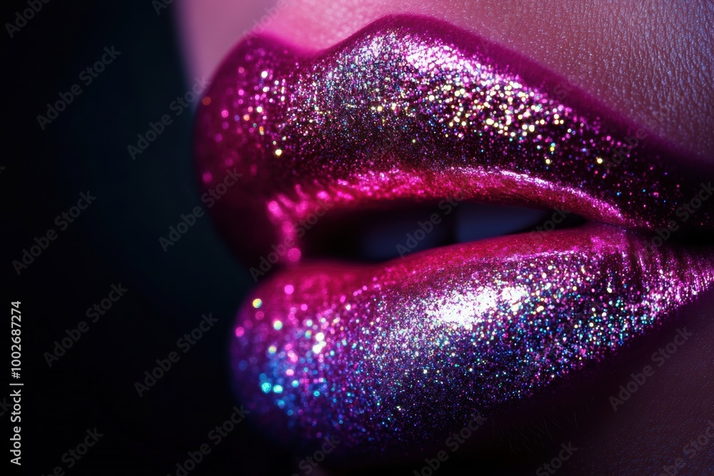 Poster close-up of glossy lips featuring a vibrant, shiny finish with sparkling highlights in a low-light s