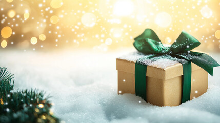 Holiday gift boxes, with glowing garlands, on snow, banner.   AI generation.