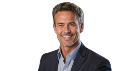 弁護士事務所のリーダーが透明な背景で笑顔を浮かべる、信頼と成功の一瞬。生成AI