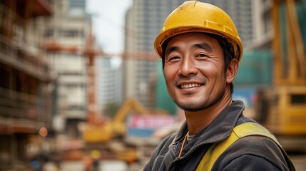 Fototapeta premium A Chinese construction worker smiles at the camera