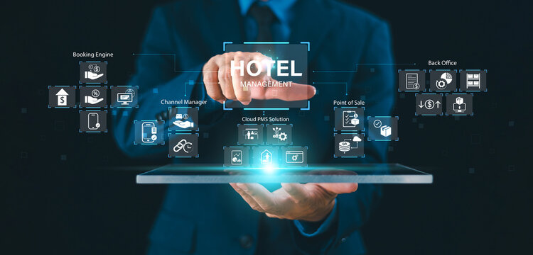 Hotel service management system concept. Digital network business investment technology. Businessman use computer, Property Management System, PMS cloud solution icon. Apartment hospitality software