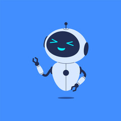 Cheerful robot looking and pointing up. Vector illustration for tech-themed designs, AI concepts, and playful, futuristic projects
